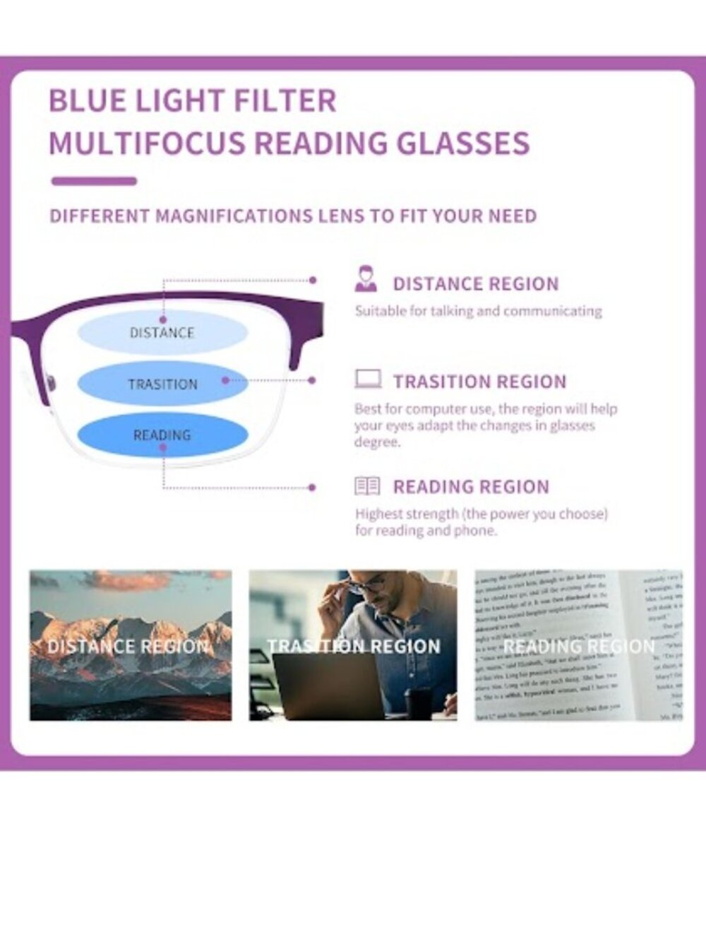 FONHCOO Purple Multifocus Reading Glasses Blue Light Blocking Semi Rimless - Picture 5 of 7